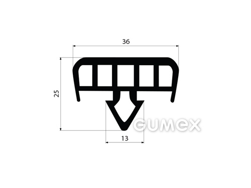 "T" Gummiprofil mit 6 Löcher, 25x36/13mm, 70°ShA, EPDM, ISO 3302-1 E2, -40°C/+100°C, schwarz, 